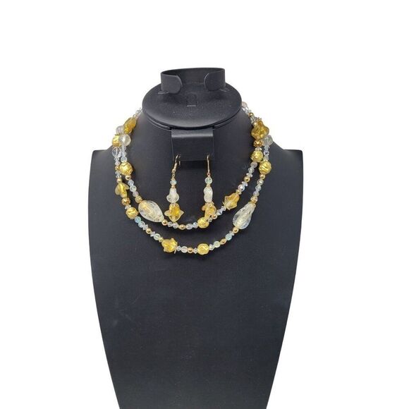 Vintage Princess Necklace Dangle‎ Pierced Earring Set Faux Gold Nugget AB Beads - Picture 2 of 16